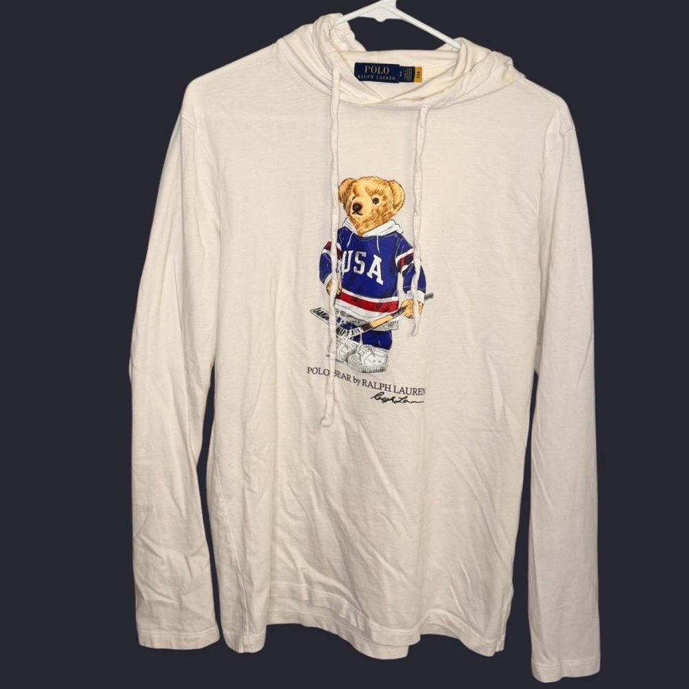 Ralph Lauren White Hoodie with Bear Graphic